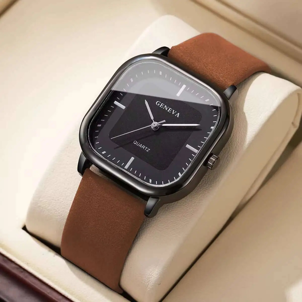 Fashion Square Men's Quartz Watch Japan Korean Style, Black Leather Strap, Numberless Dial, Repeater Feature, 10mm Case Diameter - view 3