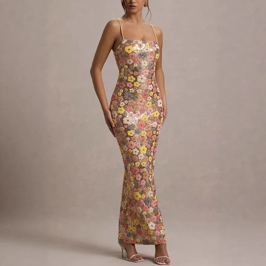 Flower Sequin Spaghetti Strap Dresses Women Summer Fashion Sexy Package Hip Slim Party Banquet Long Dress Female Evening Vestido 260430