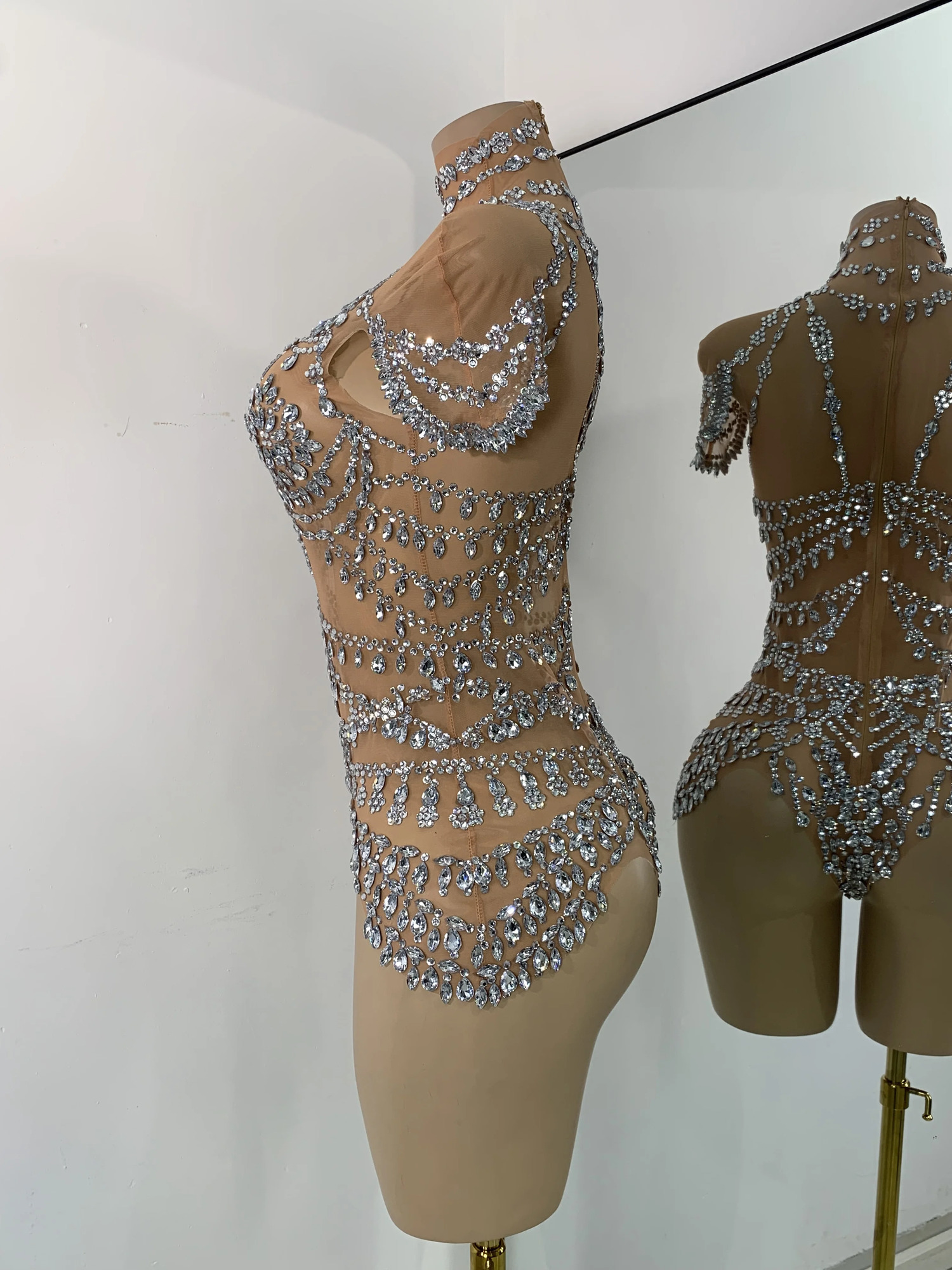 Rhinestone Embellished Transparent Mesh Bodysuit, Skinny Fit Acetate Tatting Dance Costume, Sparkly Casual Rhinestone Jumpsuit - view 5