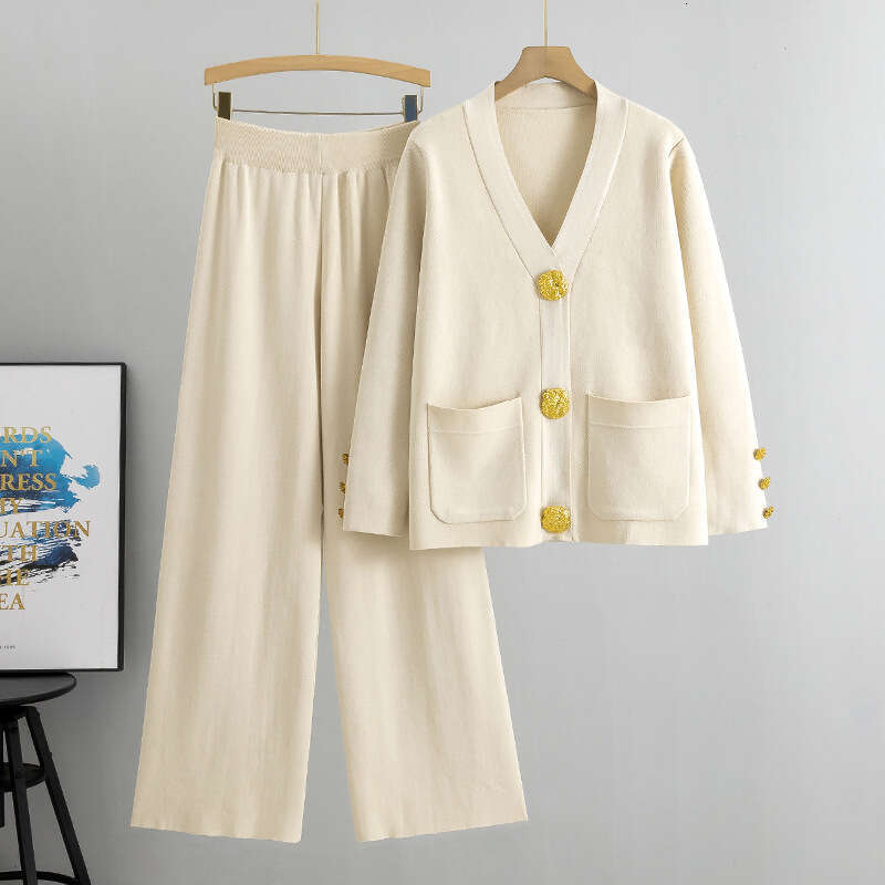Casual And Fashionable Two Piece Women's Autumn And Winter Versatile Metal Buckle Knitted Style Cardigan Sweater Wide Leg Pants Set Designer Clot - view 4
