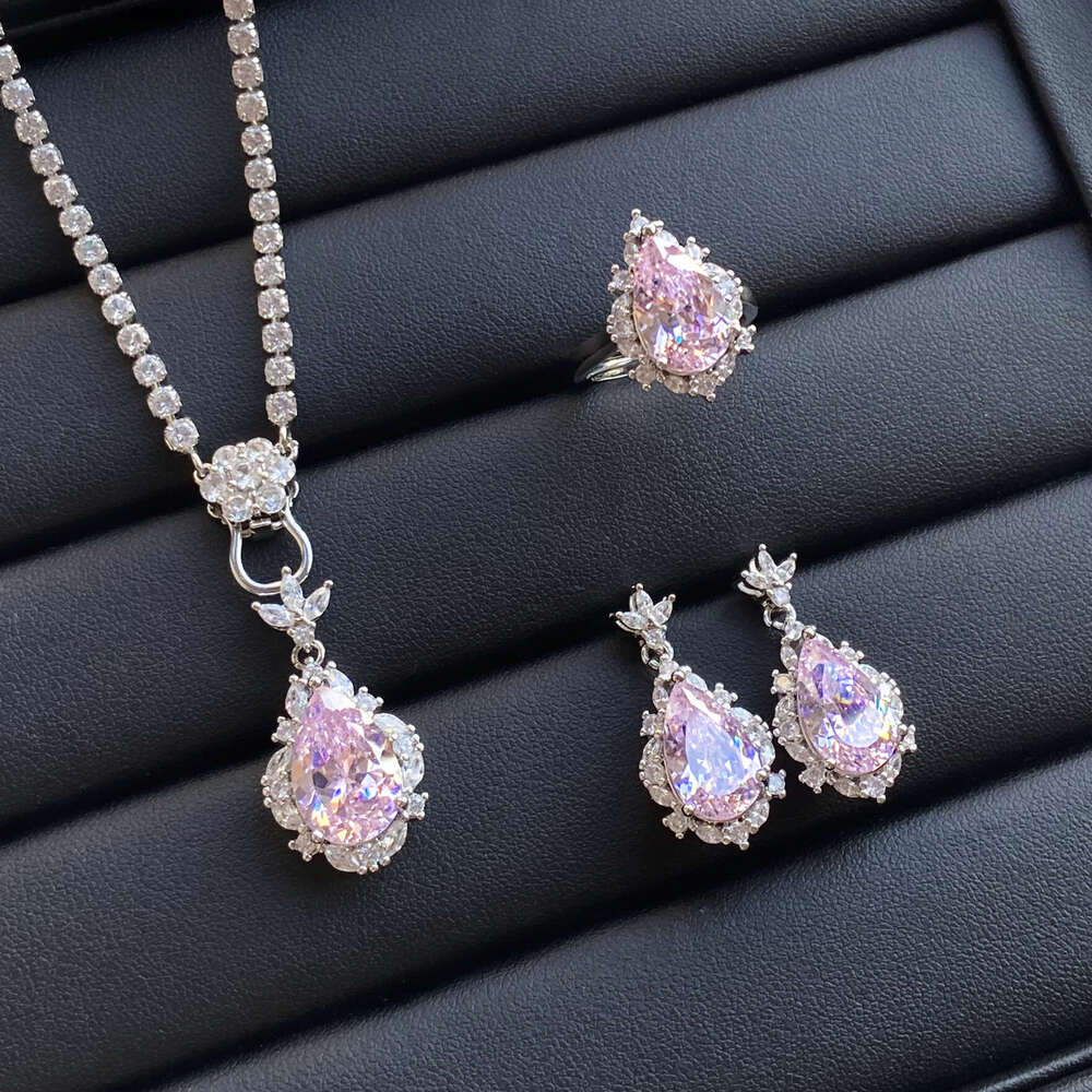 Starry Sky Cut Light Pink Zircon Comparable to Ice Flower Water Drop Shape Open Ring for Women Elegant Pendant Earring Set - view 3