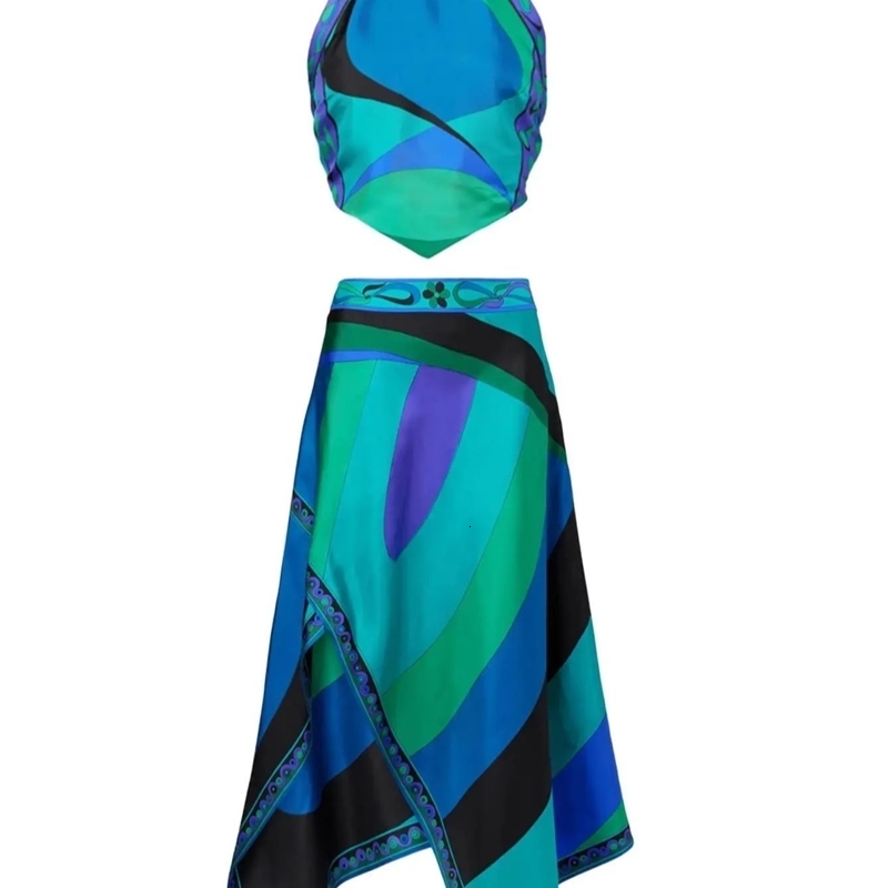 Print Two Piece Skirt Sexy Halter Beach Dress Women Bra High Waist A-line Long Skirt Suit Summer Holiday Seaside Casual Set 260430 - view 6