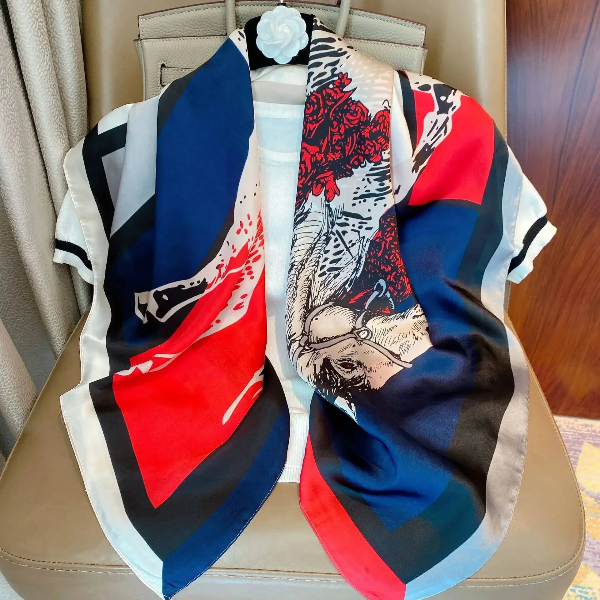 Light luxury 90 Silk scarf imitatingly printed with black and white stripes large square shawl New Year gift - view 6