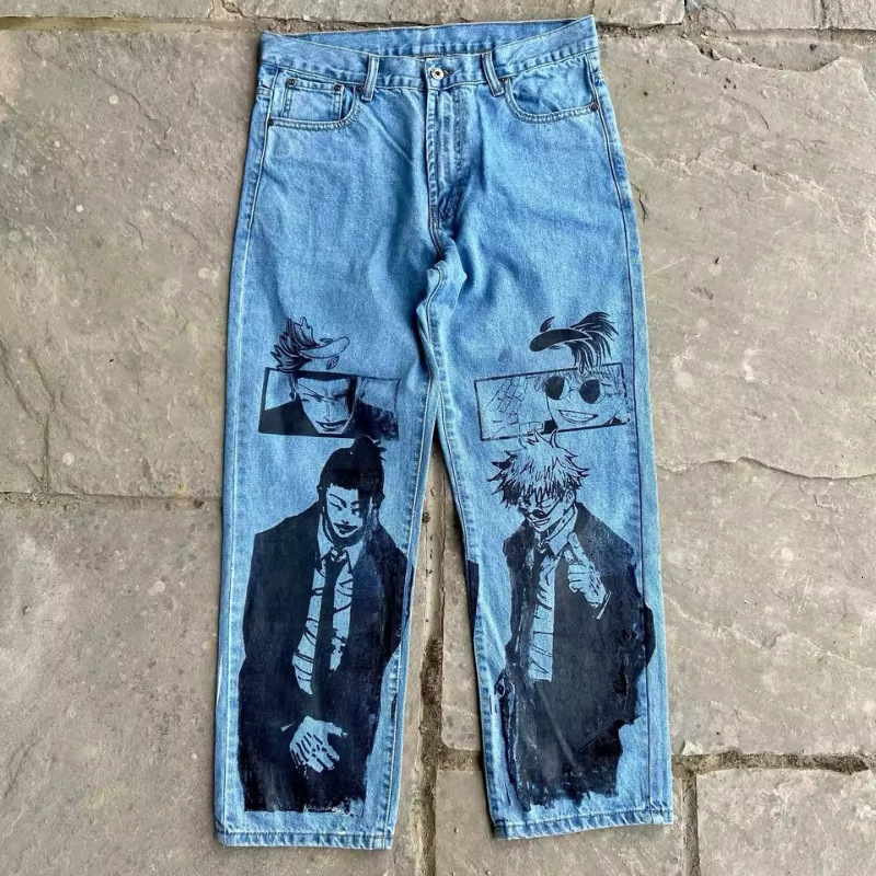 American street graffiti cartoon printed jeans mens casual fashion straight leg pants trendy 241213