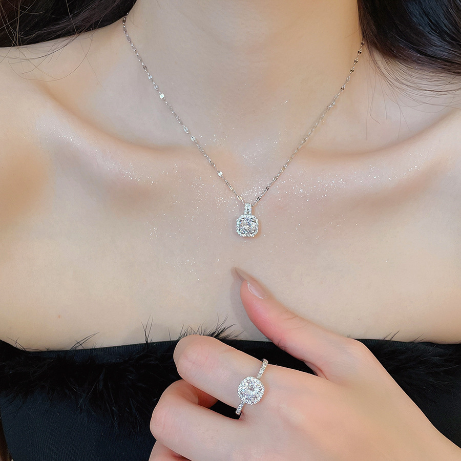 Super Shiny Zircon Square Pendant Earrings Ring Necklace Set 2026 New Model Light Luxury High-End Gorgeous Jewelry - view 5