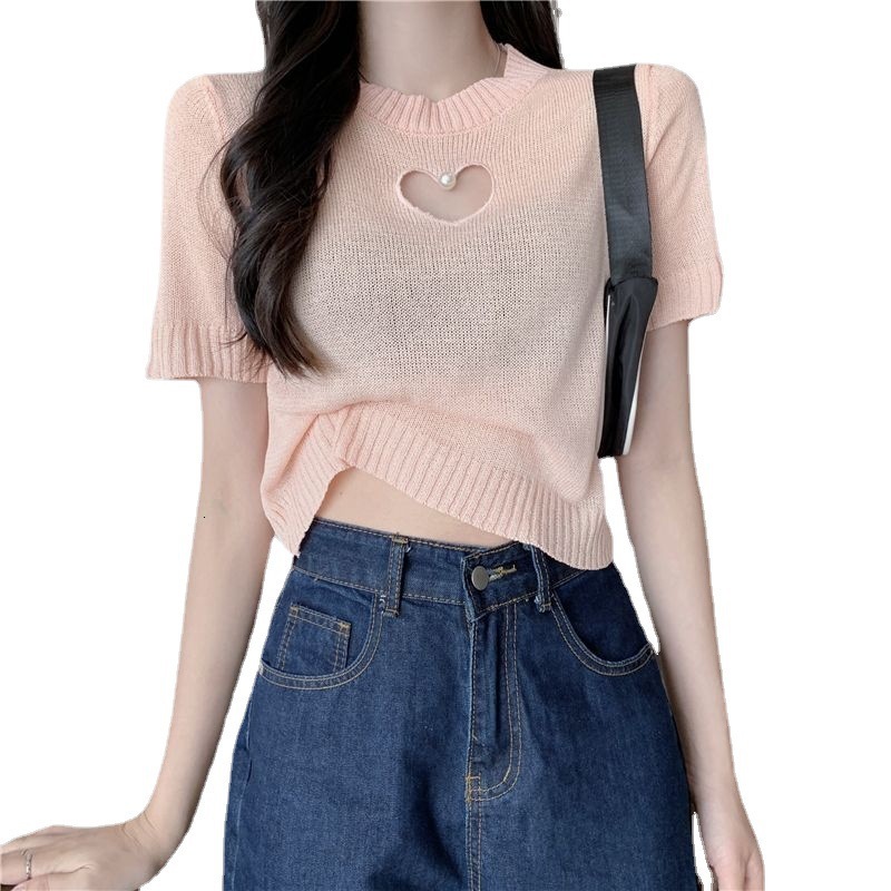 Sweetheart Cutout Crew Neck Knit Top Designer Slim Fit 2026 Summer New Women's Short Sleeve Casual Top For Daily Street And Weekend Activities