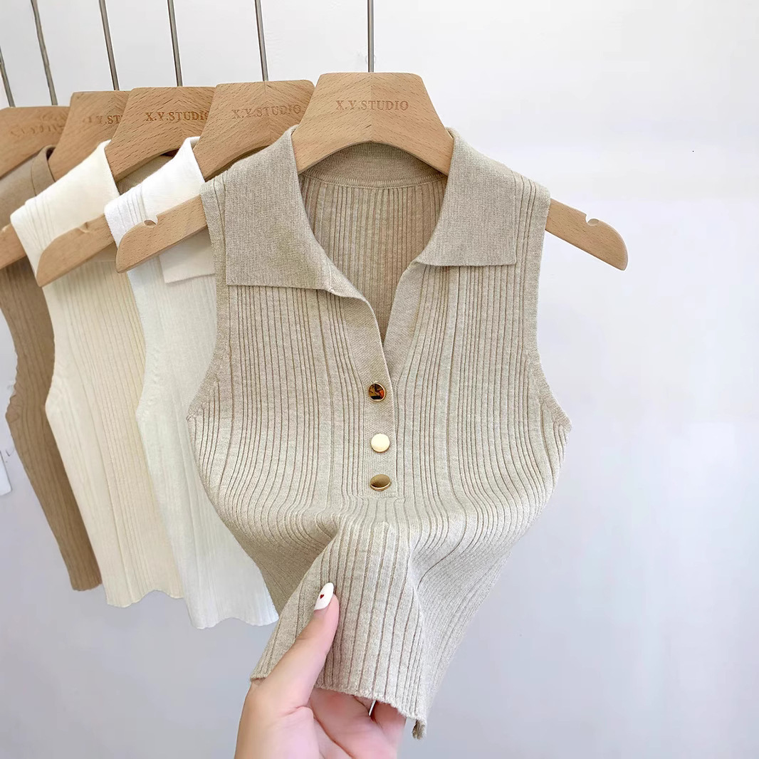 Fashion Gold Buckle Polo Collar Knitted Designer Vest Women's French Fashion Sleeveless Unique And Chic Slim Fit Top Base Shirt