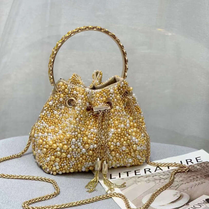 OLOEY Tassel Pearl Rhinestone Bucket Clutch, Handmade Pink Silver Metallic Sequin Shiny Evening Handbag Diamond Bag