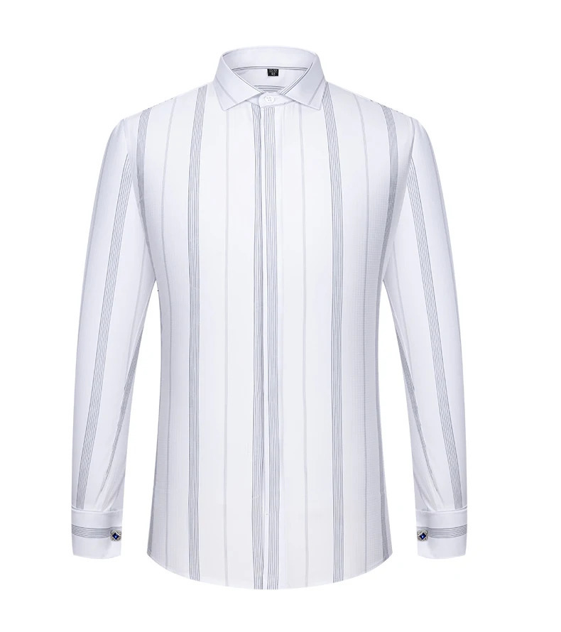 Mens French cufflink shirt with long sleeves slim fit concealed buttons solid color high end wedding dress formal mens 260429BJ - view 4