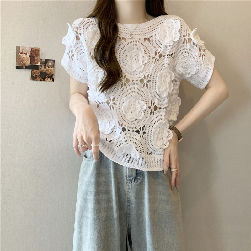 Women's Floral Cutout Knit Top Designer Slim Fit 2026 Summer New Crew Neck Short Sleeve Casual Streetwear For Daily Weekend And Outdoor Activitie