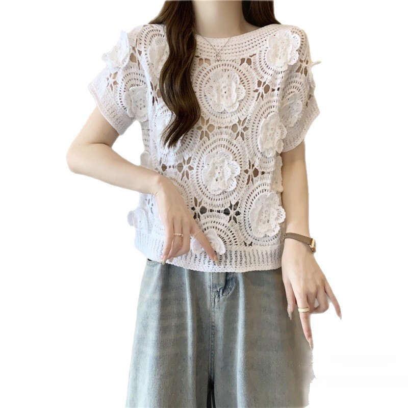 Women's Floral Cutout Knit Top Designer Slim Fit 2026 Summer New Crew Neck Short Sleeve Casual Streetwear For Daily Weekend And Outdoor Activitie