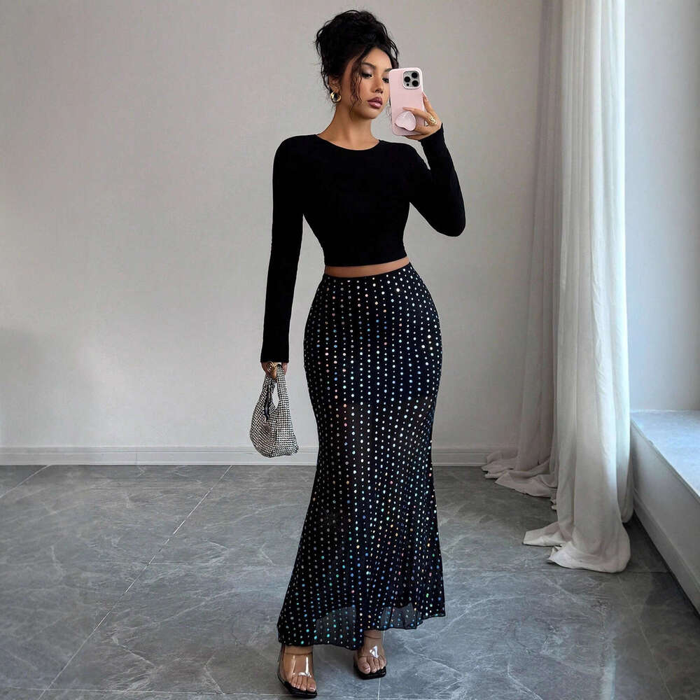 Designer 2026 European American 2026 New Luxury Model Sequined Double-layer Mesh High-waisted Slim-fit Bodycon Skirt For Vacation And Dating Free Ship