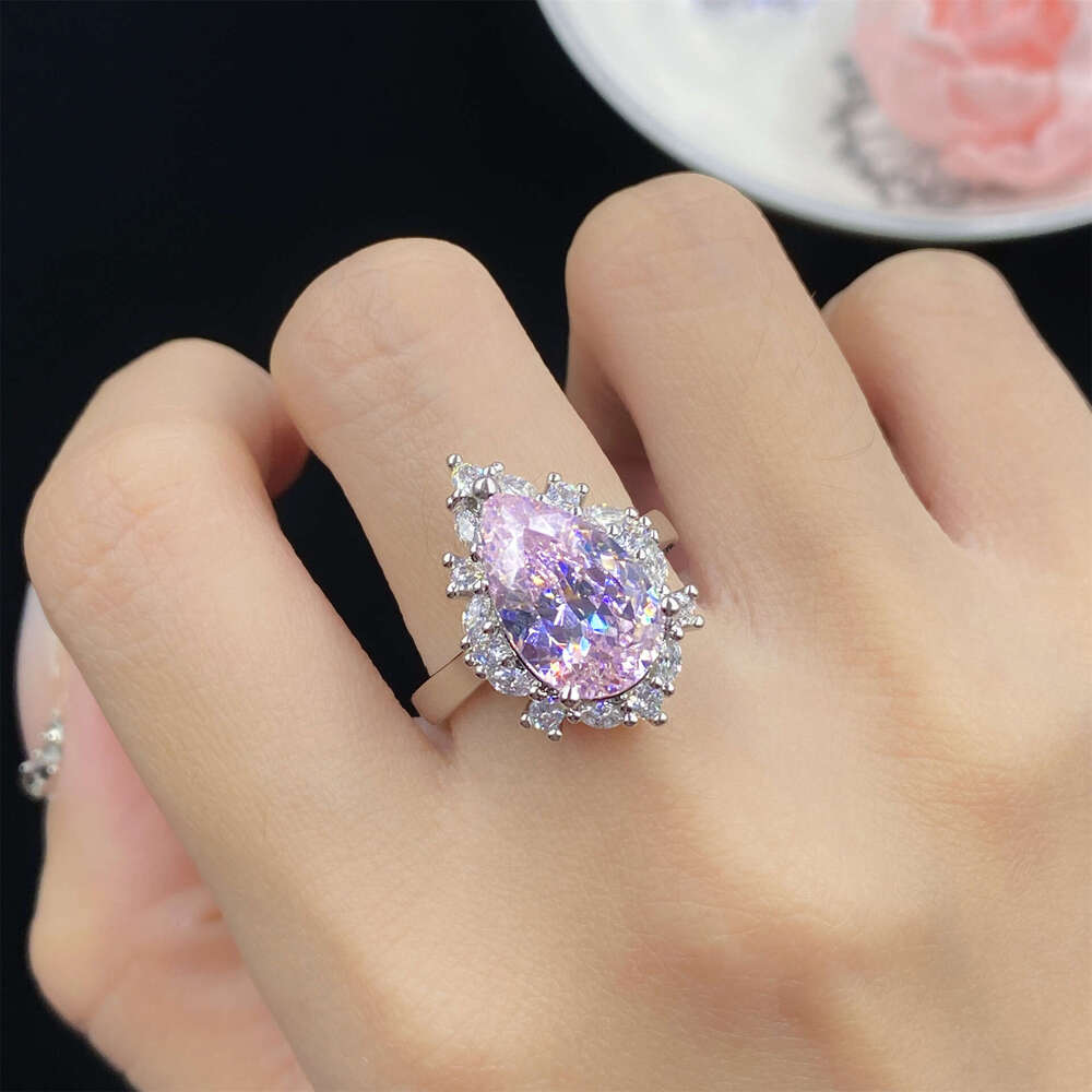 Starry Sky Cut Light Pink Zircon Comparable to Ice Flower Water Drop Shape Open Ring for Women Elegant Pendant Earring Set - view 5