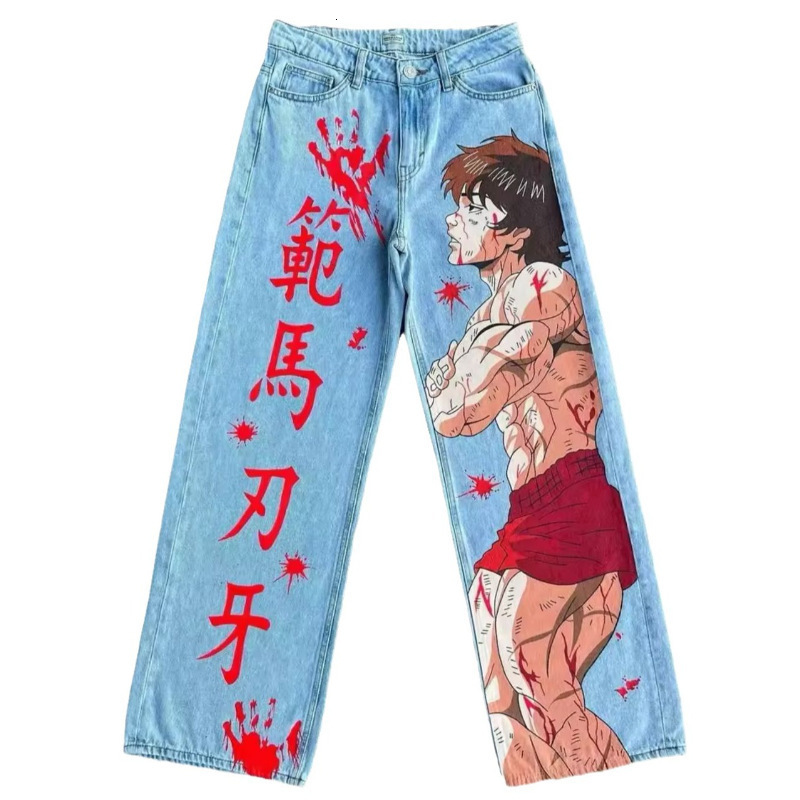 American street graffiti cartoon printed jeans mens casual fashion straight leg pants trendy 241213