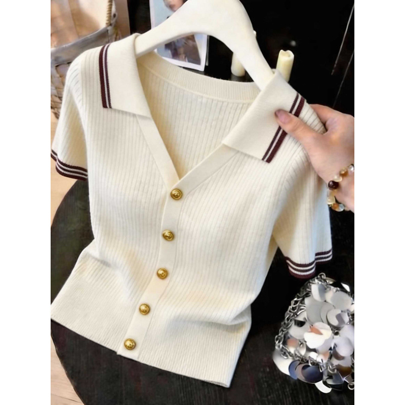 Womens Designer Knitted Polo Cardigan Short Sleeve Ribbed V Neck Top With Gold Buttons Striped Trim Preppy Style Slim Fit Casual Knitwear For Daily We