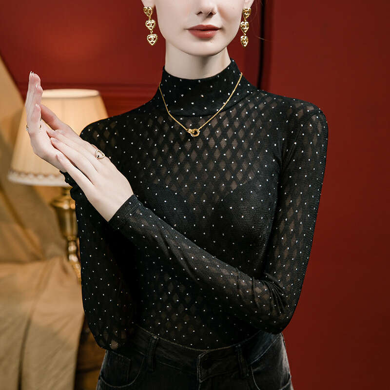 Designer 2026 Half-high Collar Rhinestone Embroidered Lace Base Shirt For Women Slim Fit Luxury Autumn New Plaid Stylish Inner Top Free Shipping