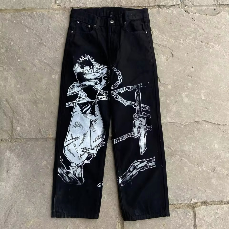 American street graffiti cartoon printed jeans mens casual fashion straight leg pants trendy 241213