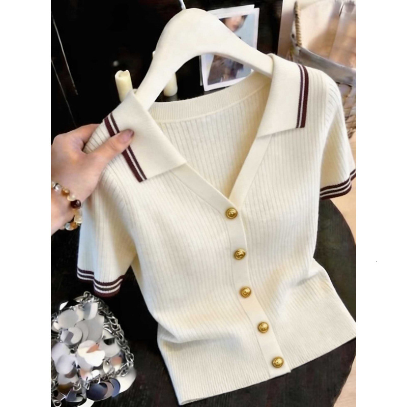 Womens Designer Knitted Polo Cardigan Short Sleeve Ribbed V Neck Top With Gold Buttons Striped Trim Preppy Style Slim Fit Casual Knitwear For Daily We