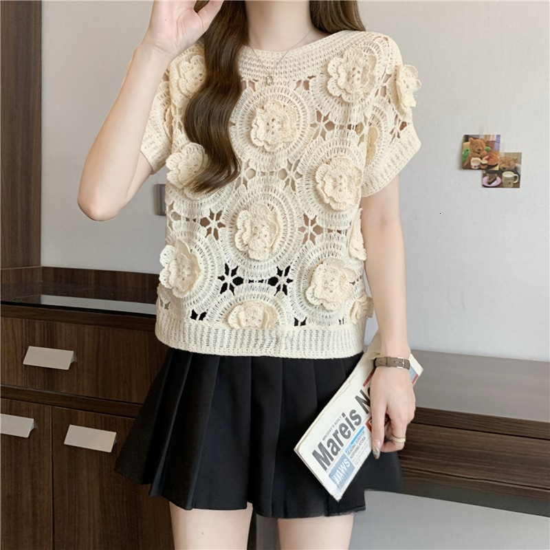 Women's Floral Cutout Knit Top Designer Slim Fit 2026 Summer New Crew Neck Short Sleeve Casual Streetwear For Daily Weekend And Outdoor Activitie