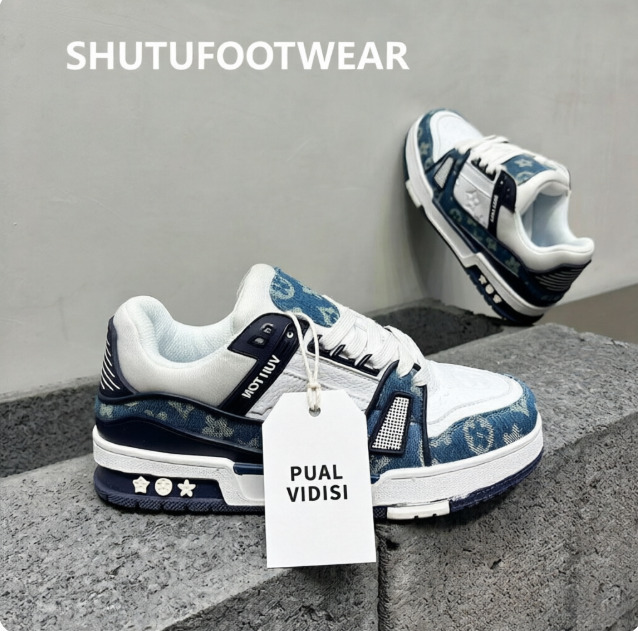 Mens Fashion Denim And Leather Skate Shoes Breathable Low Top Casual Footwear