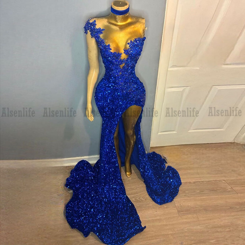 Royal Blue Charming Prom Dress With Slit Sequins Long Mermaid Formal Occasion Evening Party Dresses Dinner Gowns
