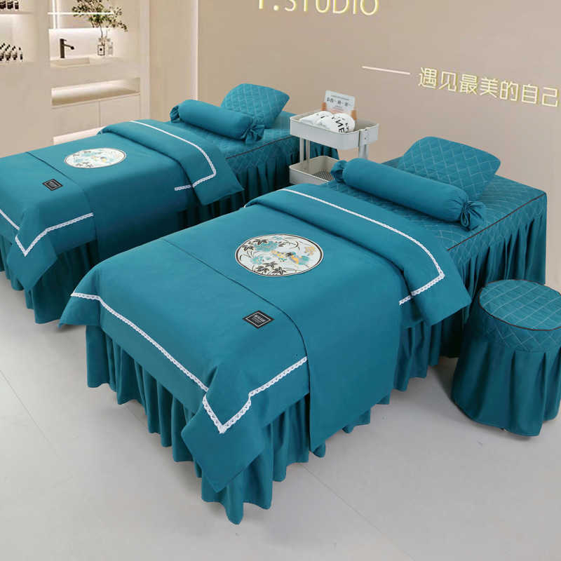 Anti-slip 4pcs Beauty Salon Bedding Sets Massage Tuina Spa Use Patchwork Duvet Cover Bed Skirt with Hole Beddings Y240730
