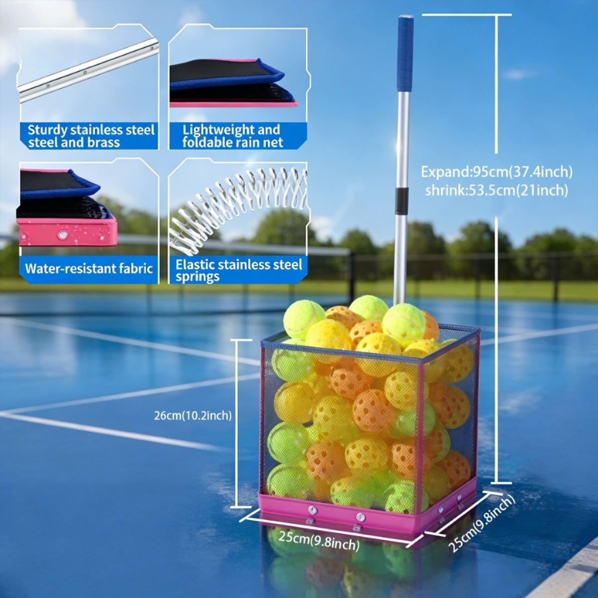 Foldable Pickleball Ball Picker Upper with Telescopic Stainless Steel Handle Lightweight Multi Ball Collector