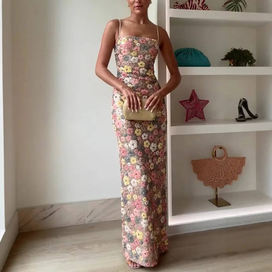 Flower Sequin Spaghetti Strap Dresses Women Summer Fashion Sexy Package Hip Slim Party Banquet Long Dress Female Evening Vestido 260430