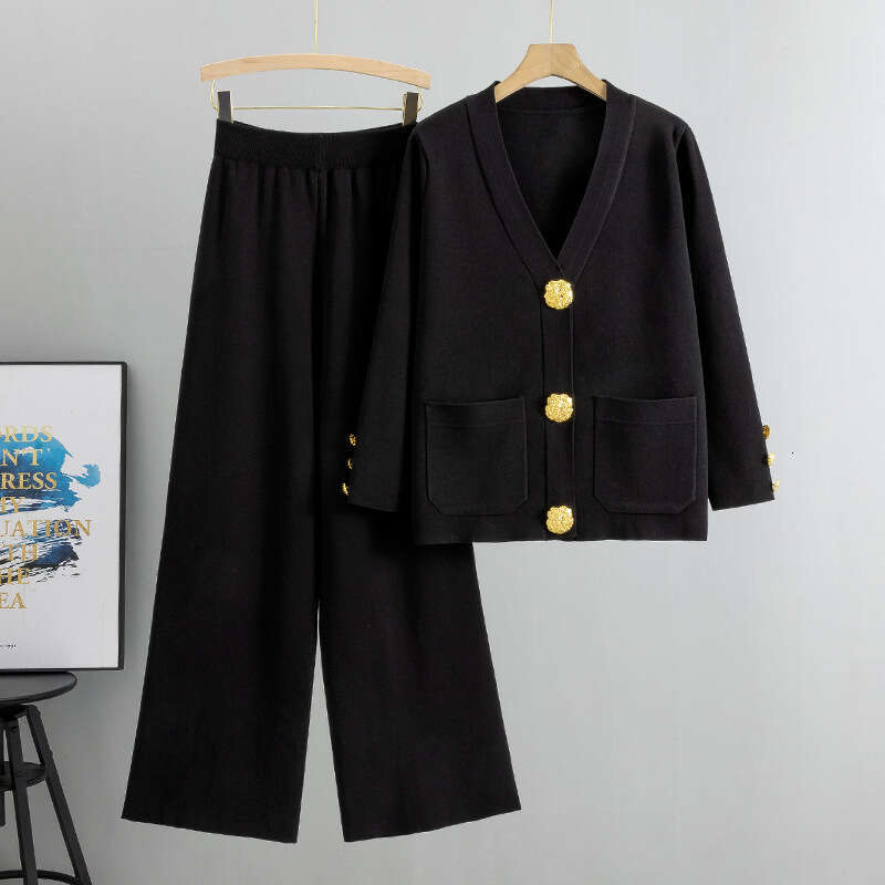 Casual And Fashionable Two Piece Women's Autumn And Winter Versatile Metal Buckle Knitted Style Cardigan Sweater Wide Leg Pants Set Designer Clot - view 3