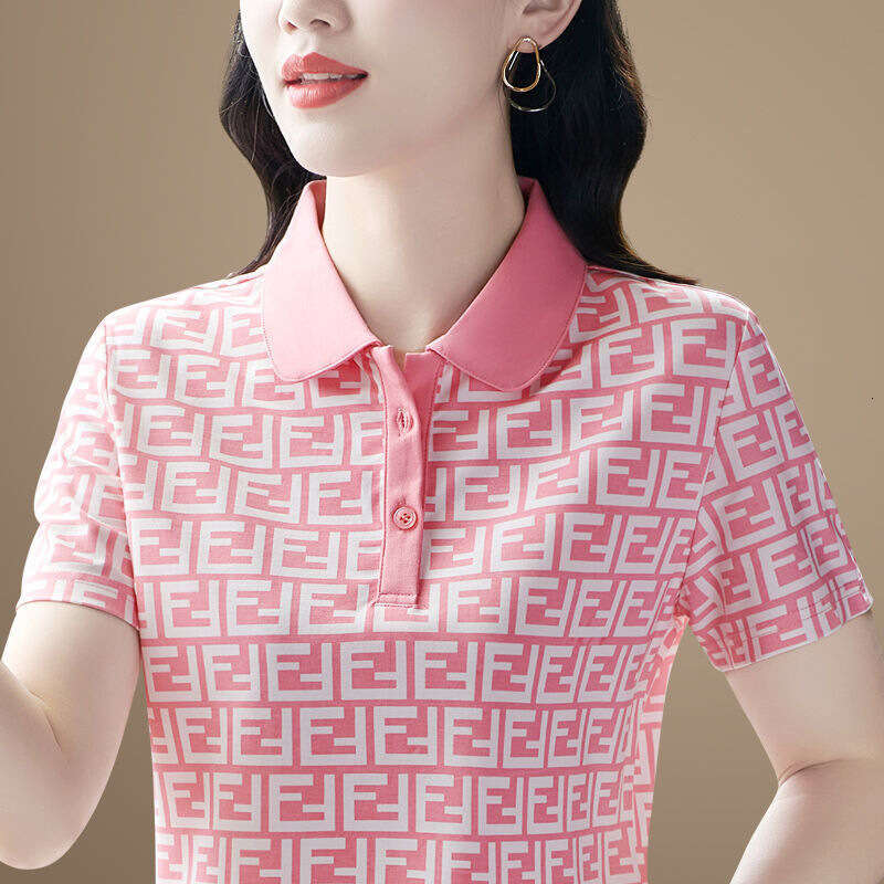 Luxury Brand Designer Clothes Stylish Mom's Turn-Down Collar Short-Sleeve T-Shirt, Summer New Loose Slimming Polo Shirt, Women's Printed Top