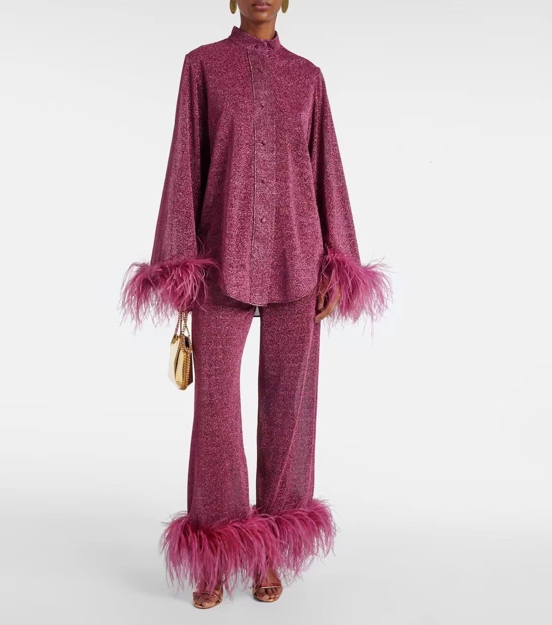 autumn fashion feather decal party set womens standing collar long sleeved top and pants set elegant button solid dress 241014