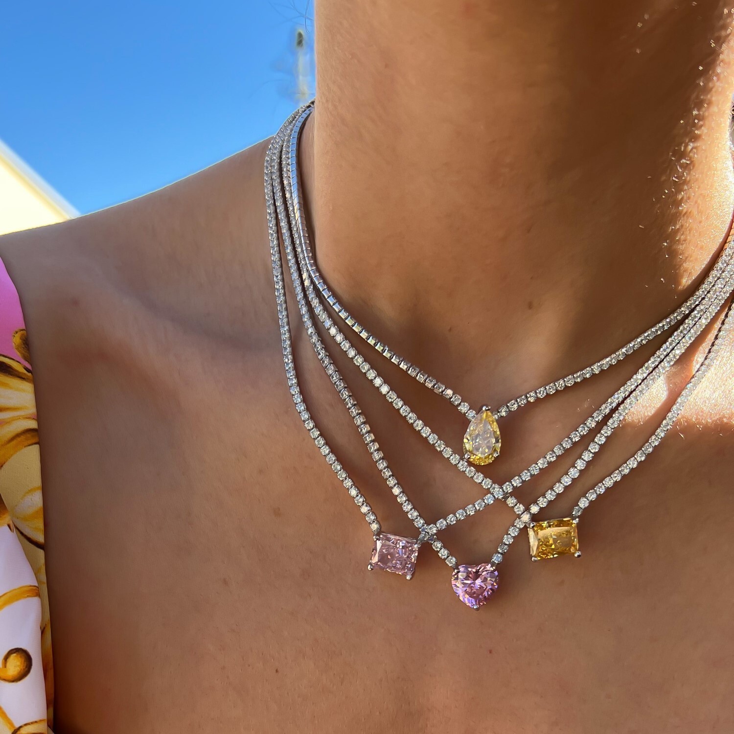 Vintage 18K Gold Pink Love Heart Diamond Pendant Necklace Fashion Water Drop Heart Tennis Chain Necklace Bling Full Crystal Choker Jewelry Accessory F