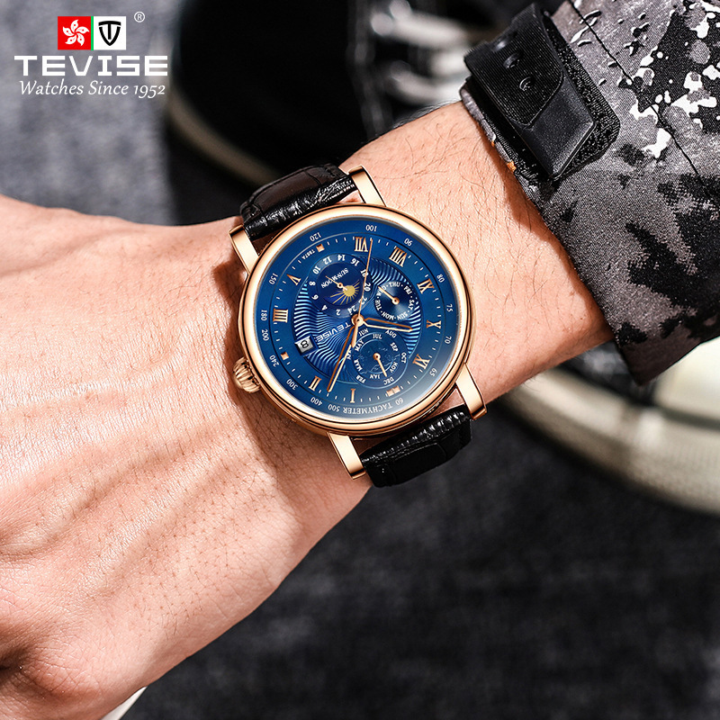 TEVISE Business Waterproof Mens Mechanical Watches Top Leather Watch For Men Moon Phase Automatic Wristwatch 240808CJ