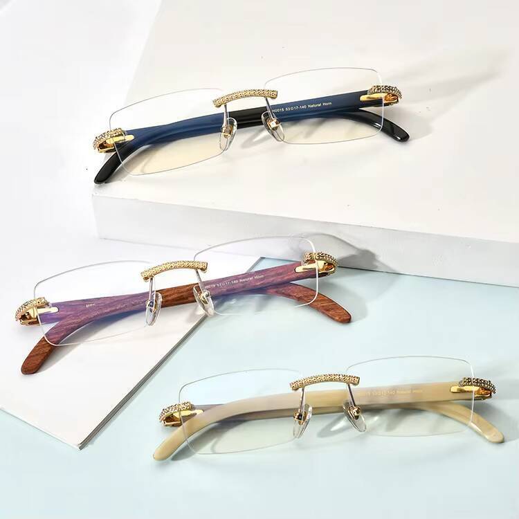 Custom Square Sunglasses Vintage Fashion Men Rimless Glass Shade Eyewear Buffalo Horn Diamond Sun Glasses