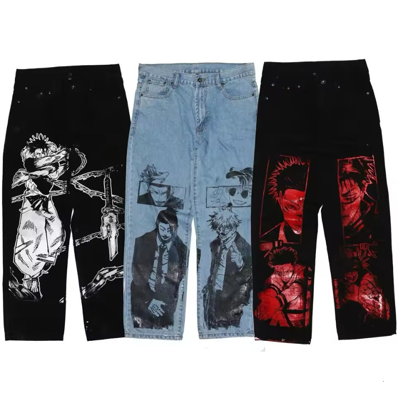 American street graffiti cartoon printed jeans mens casual fashion straight leg pants trendy 241213