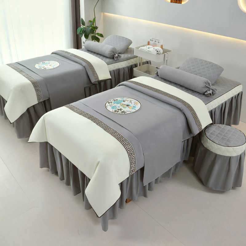 Anti-slip 4pcs Beauty Salon Bedding Sets Massage Tuina Spa Use Patchwork Duvet Cover Bed Skirt with Hole Beddings Y240730