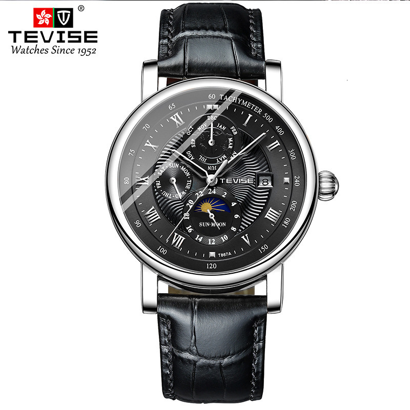 TEVISE Business Waterproof Mens Mechanical Watches Top Leather Watch For Men Moon Phase Automatic Wristwatch 240808CJ