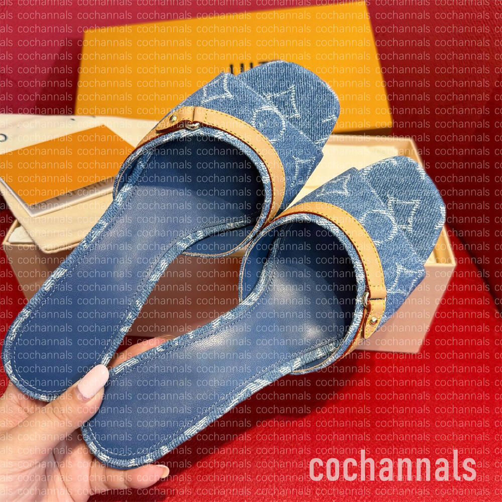 heels x TM Mule Designer Pink Denim Heels Slippers Sandals Denim heel Slides Blue Mule Woman Revival Leather Heel Kitten Heel Beach casual Sliders