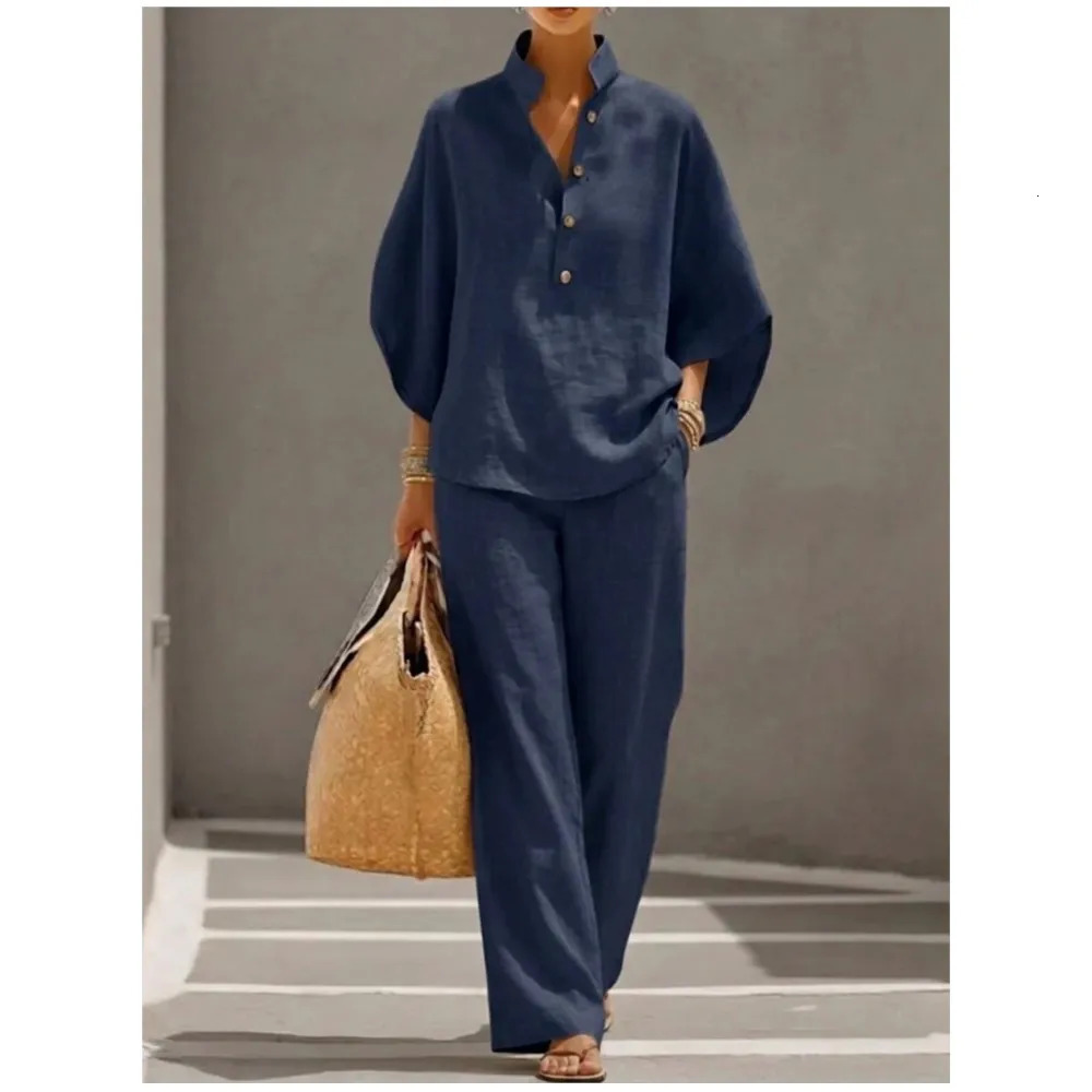 Fashiona Cotton Linen Loose 9-quarter Sleeve Womens Trousers 2-piece Set Spring Casual Pocket Retro Female Office Trousers Suit 260429 - view 5