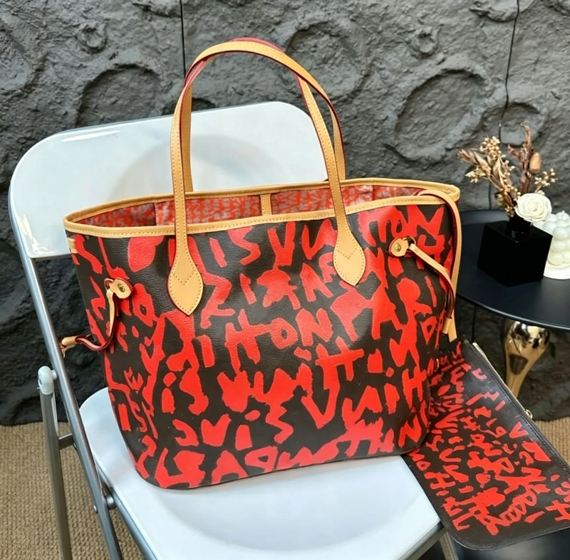 10A New luxury womens designer bags graffiti tote bag lady brand pink letters printed shoulder Bag genuine Leather handbags purse high quality
