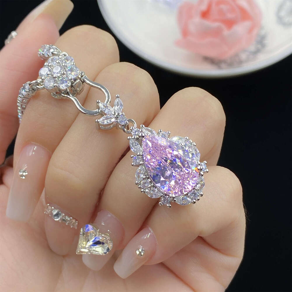 Starry Sky Cut Light Pink Zircon Comparable to Ice Flower Water Drop Shape Open Ring for Women Elegant Pendant Earring Set