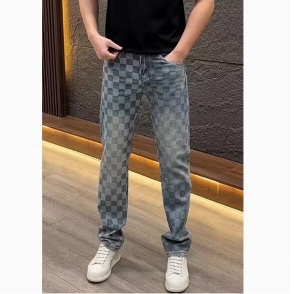 Summer New Designer Jeans Light Luxury Fashion Versatile Casual Pants Trend Straight Leg Pants Plaid Pattern Daily Wear Outdoor Travel