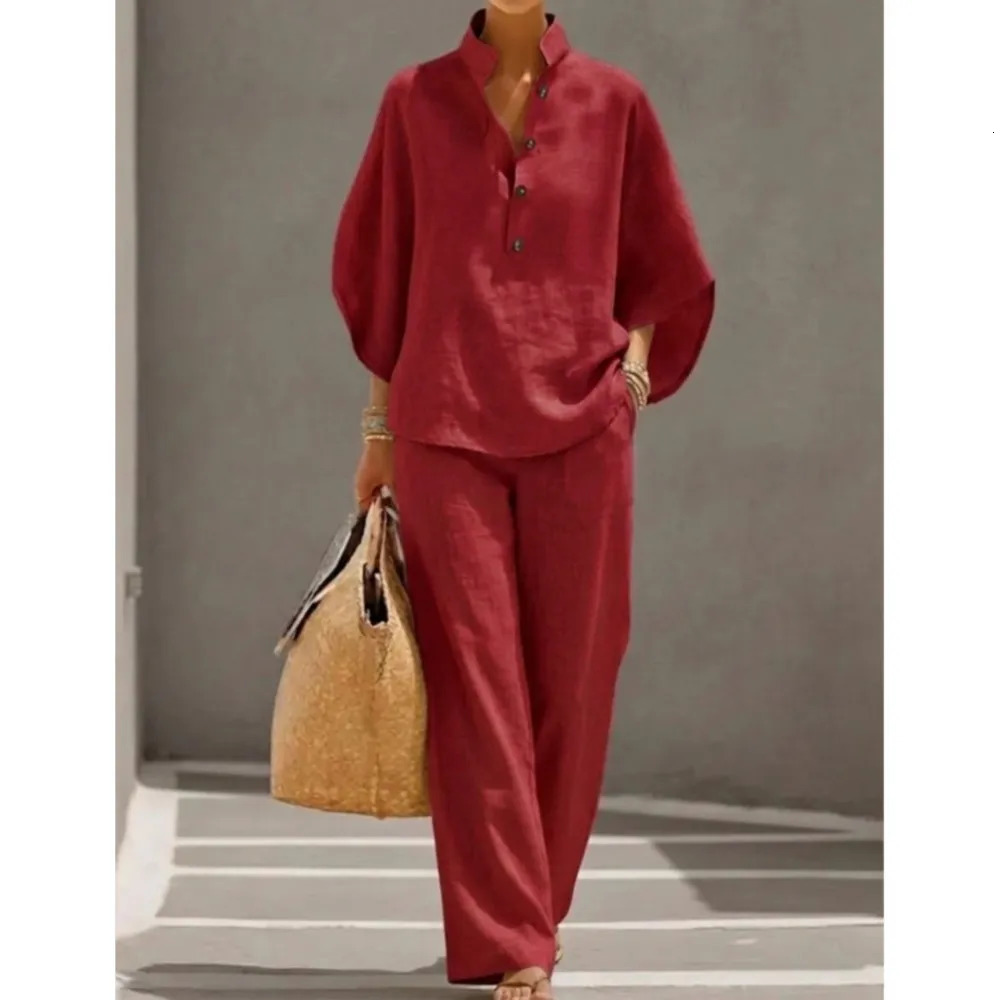 Fashiona Cotton Linen Loose 9-quarter Sleeve Womens Trousers 2-piece Set Spring Casual Pocket Retro Female Office Trousers Suit 260429 - view 6