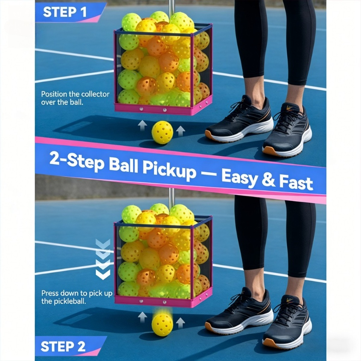Foldable Pickleball Ball Picker Upper with Telescopic Stainless Steel Handle Lightweight Multi Ball Collector