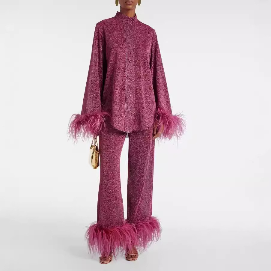 autumn fashion feather decal party set womens standing collar long sleeved top and pants set elegant button solid dress 241014