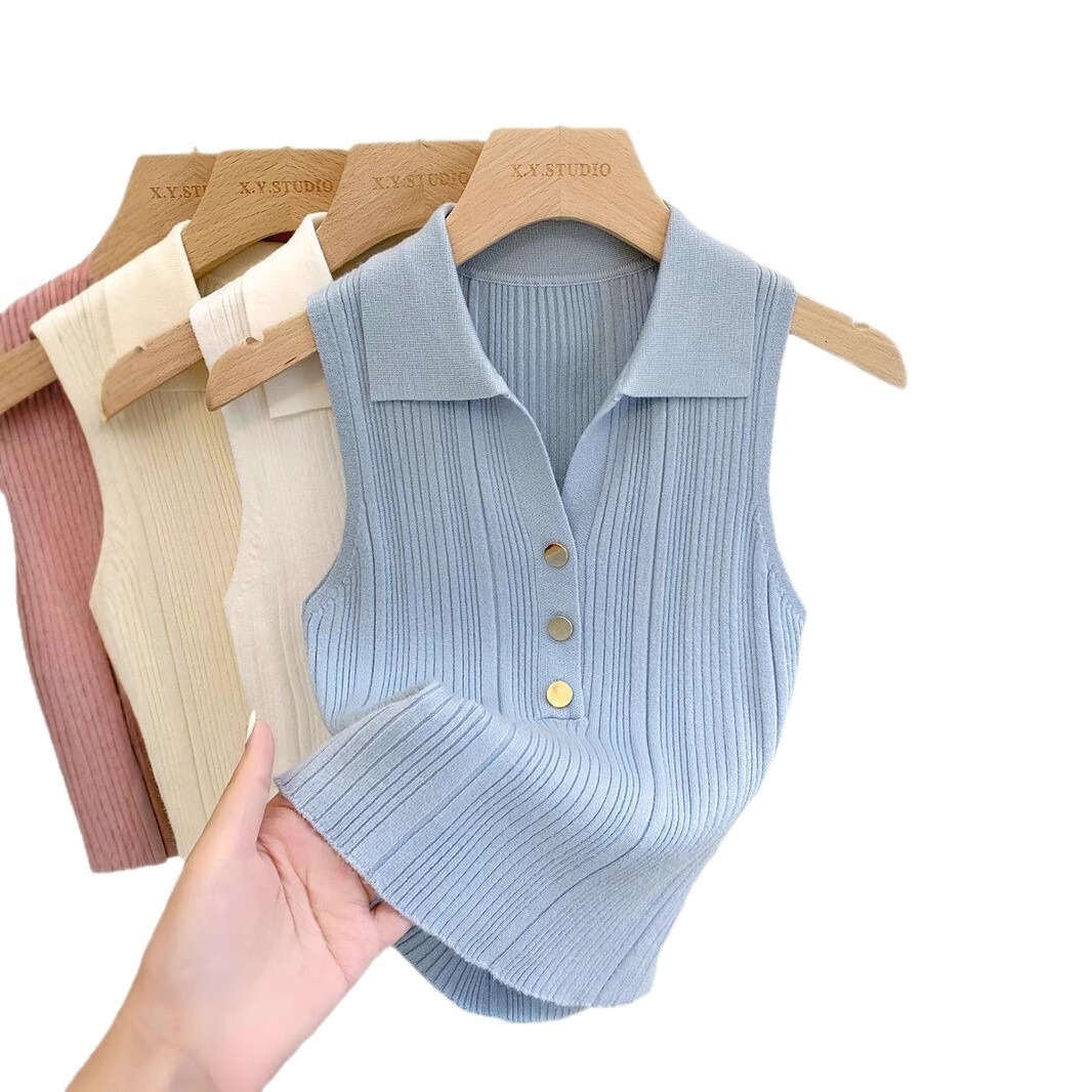 Fashion Gold Buckle Polo Collar Knitted Designer Vest Women's French Fashion Sleeveless Unique And Chic Slim Fit Top Base Shirt