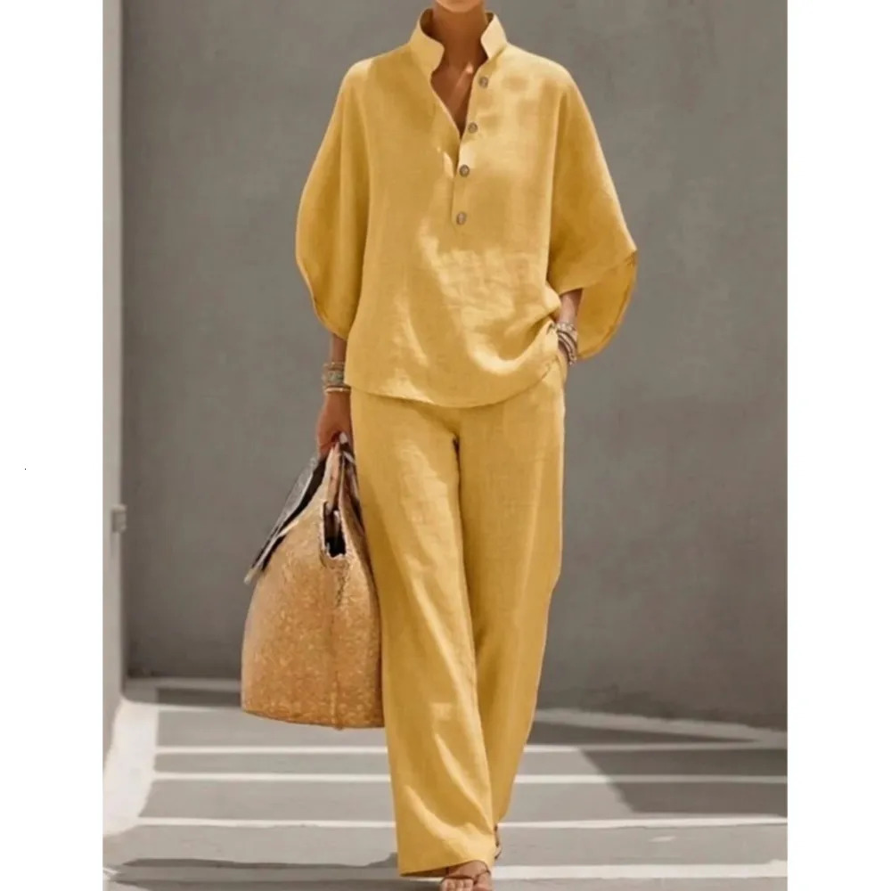 Fashiona Cotton Linen Loose 9-quarter Sleeve Womens Trousers 2-piece Set Spring Casual Pocket Retro Female Office Trousers Suit 260429 - view 7