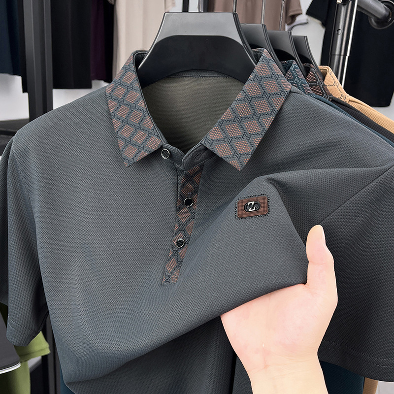 Men's Polo blocked Long Sleeved Shirt Fashion Lapel T-shirt Top Business Mens Wear Personality