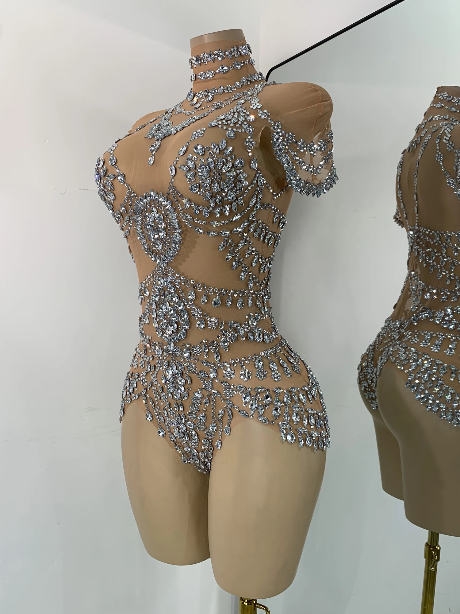 Rhinestone Embellished Transparent Mesh Bodysuit, Skinny Fit Acetate Tatting Dance Costume, Sparkly Casual Rhinestone Jumpsuit - view 4