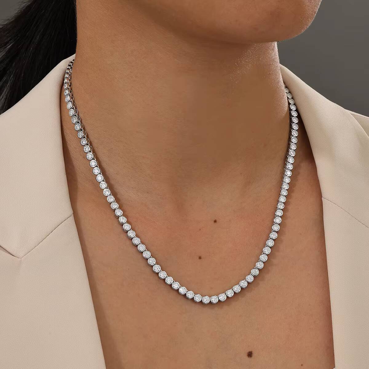 3 mm Fashion 925 Silver Sparkling Bezel Tennis Necklace Classic Round Moissanite Station Design Choker Elegant Gift for Her - view 6